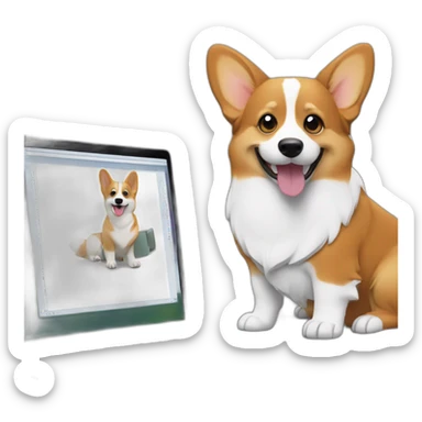 corgi sits behind laptop monitor sticker