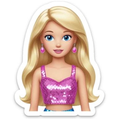 Barbie from Barbie & Friends with blue eyes, long blonde hair, pink sequin crop top sticker