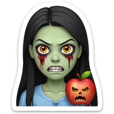 девушка зомби с темными длинными прямыми волосами, с черными макияжем глаз, тонкими бровями, со злым выражением лица и ровными белыми зубами в стиле Apple avatar sticker