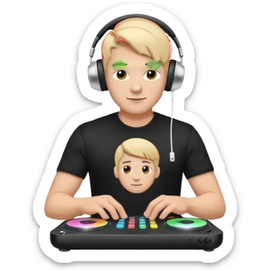 эмодзи парень диджей молодой с диджейский пультом красивый парень со светлыми волосами и в наушниках apple airpods max одет в черную футболку карие глаза  sticker