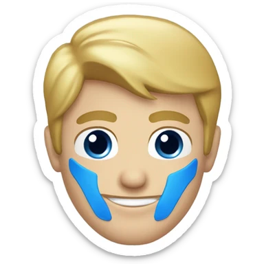 A head and shoulders shot of a 33 year old white man, with short blonde hair,   with blue eyes wearing a t-shirt. sticker