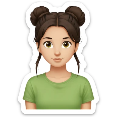 a girl with long dark brown hair with one high disheveled bun in light green t-shirt, a slight smile, dark brown eyes sticker