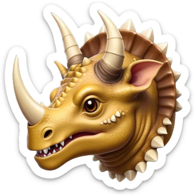 Cinematic Noble Triceratops Portrait Emoji, Poised and formidable, with a robust, stocky build adorned by three prominent horns and a broad, intricately frilled head, exuding ancient strength and wisdom, Simplified yet sharply defined features, highly detailed, glowing with a soft, earthy radiance, high shine, intelligent and stalwart, stylized with an air of prehistoric majesty, focused and resolute, soft glowing outline, capturing the essence of a watchful and confident Triceratops that appears ready to charge out of the screen with effortless power! sticker