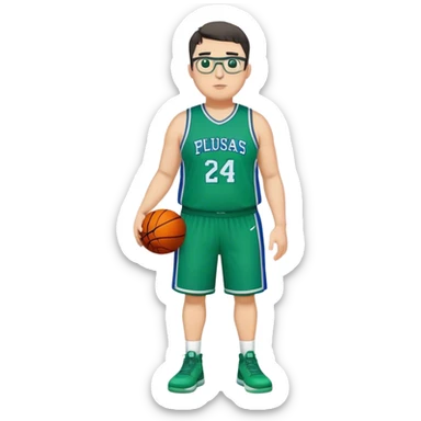 Full Body plus size tall white male with dark short hair basketball player wearing glasses wearing blue  with green uniform sticker