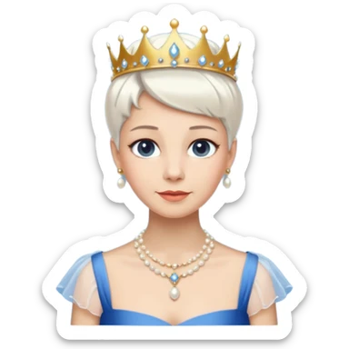 Queen with white short hair – gold tiara, pearl necklace, elegant gown, blue dress sticker
