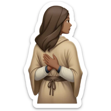 mountain crossroads with rocks , her back turned as she contemplates two trails—one illuminated,, and one shrouded in darkness, representing reaction. with hands on chest sticker