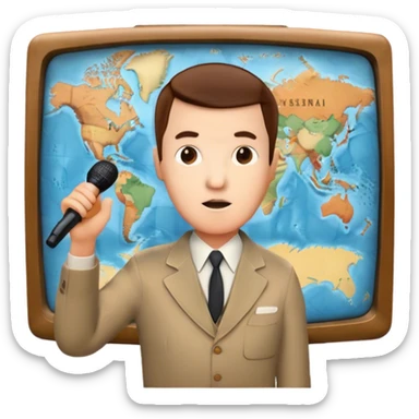 Icon for Documentary Film (TV style): A large vintage TV screen with a serious-looking host standing in front of a map. The host holds a microphone, and the map displays historical or geographical information. Retro TV broadcast style. Transparent background. sticker