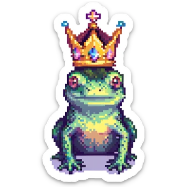 pixel art crowned frog wearing a crown, facing forward, minimalistic style sticker