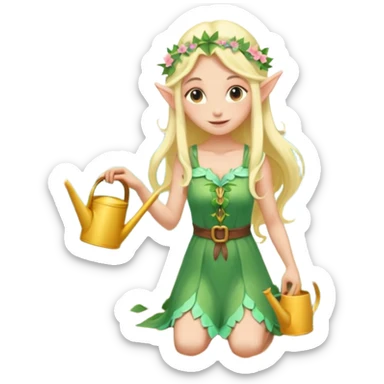 elf female tending to glowing beach plants, floral sundress, watering can or magic light, pointy ears, gentle smile, centered emoji, pastel magic sticker