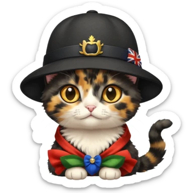 Cute black tortoiseshell kitten wearing a british hat, golden eyes sticker