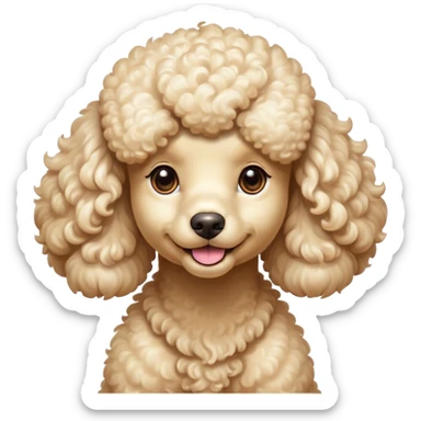 Cinematic Cute Cream Poodle Portrait Emoji, Head tilted playfully and inquisitively, showcasing a bouncy, curly cream Fur with a luminous sheen, round, sparkling warm eyes filled with curiosity, Simplified yet irresistibly adorable features, highly detailed, glowing with a warm, friendly glow, high shine, affectionate and lively, stylized with a touch of whimsy, bright and endearing, soft glowing outline, capturing the essence of a mischievous yet loving companion, so playful it feels like it could bounce out of the screen and into your arms! sticker