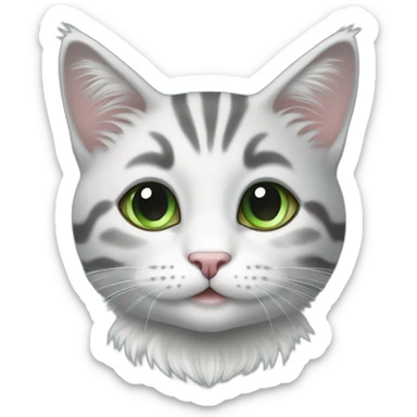 light colored grey and white tabby cat head little fluffy and cute smile with light blue and green eyes and black public sticker