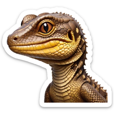 Cinematic Comical brown camo spotted monitor Lizard Portrait Emoji, Head tilted dramatically with an exaggeratedly shocked expression, featuring a robust, patterned body with wide, comically expressive eyes full of humorous disbelief, Simplified yet hilariously expressive features, highly detailed, glowing with a slightly sassy glow, high shine, dramatic yet playful, stylized with an air of quirky reptilian attitude, soft glowing outline, capturing the essence of a meme-worthy brown camo spotted monitor lizard that looks ready to side-eye its way into viral fame! sticker