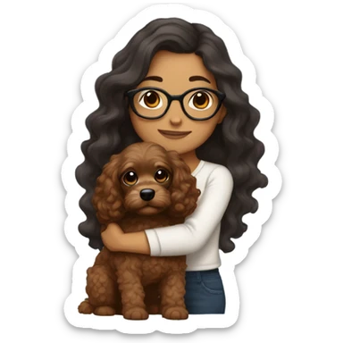 Latina girl with glasses and dark long wavy hair hugging a brown cavapoo sticker