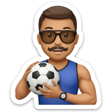 Cane muscoloso con occhiali da sole con un pallone da calcio in bocca sticker