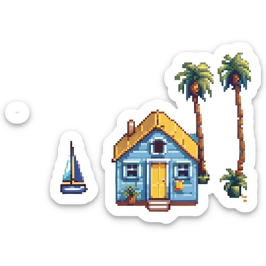 tiny coastal home with yellow walls, pixel art emoji style, 32x32, bright blue sea, sandy beach, palm trees and a sailboat in the background sticker