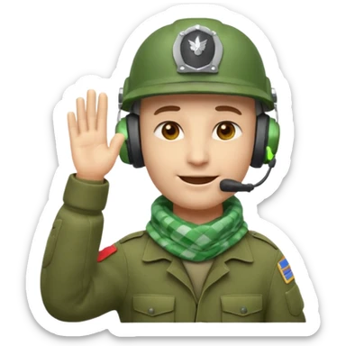 Soldier emoji head in green military helmet, large ear protectors, headset microphone, light green checkered scarf around neck, gray face, confident greeting pose with right hand raised in salute, vibrant colors, high detail on helmet textures and fabric, bust view, ultra-detailed PNG alpha channel sticker