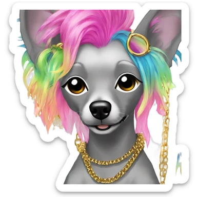 Punk Chinese crested dog neon rainbow hair gold chain piercings tattoos ear piercings sticker