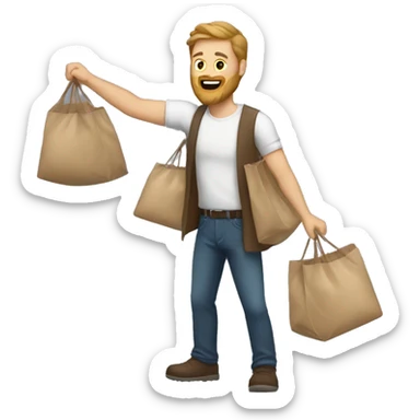 White man with brown beard throwing bags sticker