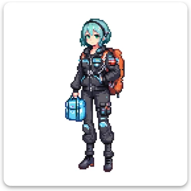 1 female, a vtuber in a cryo suit with a flight jacket, holding a medpack - SNES box art image - cutscene graphic 3/4 side perspective sticker