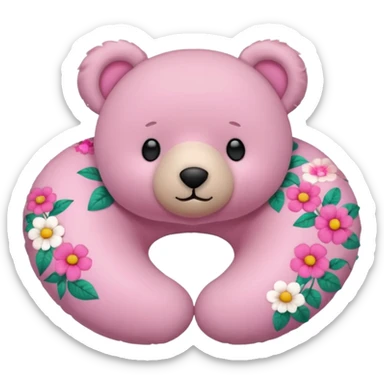 pink teddy bear wearing a floral neck pillow, simple and cute, no text sticker