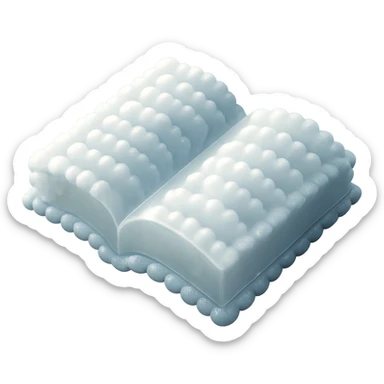 top view of a thick open book made entirely of small, very bright white fluffy convex clouds, matte glass style sticker