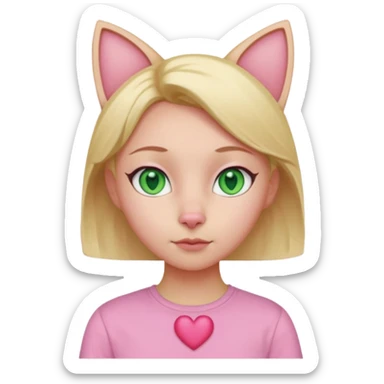 Squareded Ears Pink Skin Green Eyes Cat Shaped Pupils Heart Shaped Forehead Blonde Haired Pink Shirt  sticker