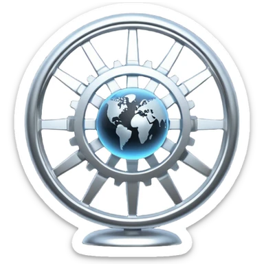 Minimal black line icon of a gear and globe, with circuit-style connected nodes, flat vector style, thin stroke, white background, representing global system configuration and connectivity. sticker