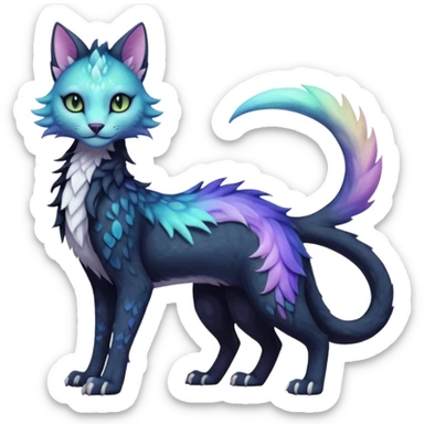 Kawaii black pastel iridescent beautiful pretty elegant divine edgy fantasy feline-vernid-sergal-fursona animal creature with a tufted tail full body with intricate markings  sticker