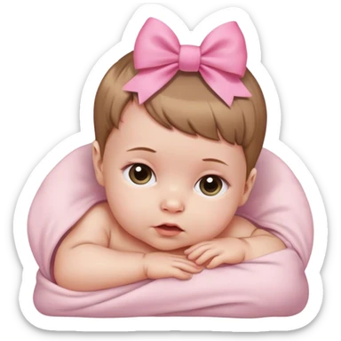 White newborn baby with very short light brown hair and pink bow sticker