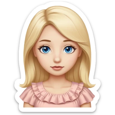Emoji girl with not very big close-set blue eyes and eyeliner, long and straight eyebrows, long round nose, wide not very full lips, long oval face shape, long blonde hair in cute ruffle beige top sticker