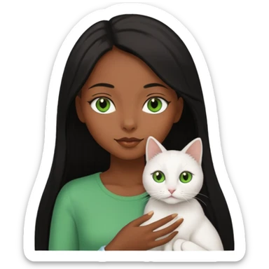 black girl with brown eyes with straight long black hair with a side part.  holding a female white cat. the cat has green eyes sticker