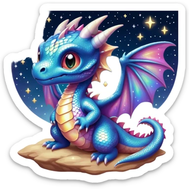 Airbrush painted image of a dragon hatchling under a deep galactic sky with pearlescent scales and wings spread against the stars sticker