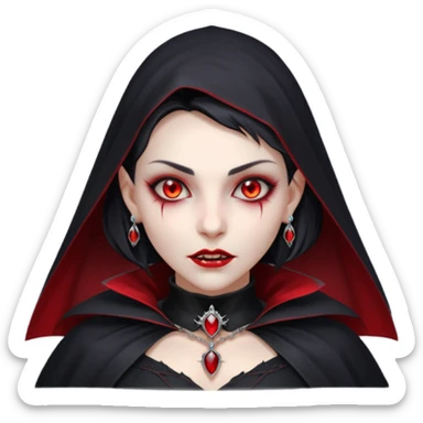 vampire village woman portrait, head and shoulders only, dark gothic cloak collar, sharp fangs, red glowing eyes, elegant yet eerie expression, subtle jewelry, 3D cartoon, mobile game icon style, clean background, no text, no watermark sticker