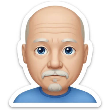 75, goatee, bald, grey side hair, chubby, blue eyes, chin hair sticker