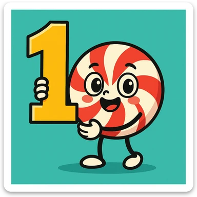 cute peppermint candy holding a number one, cartoon style sticker