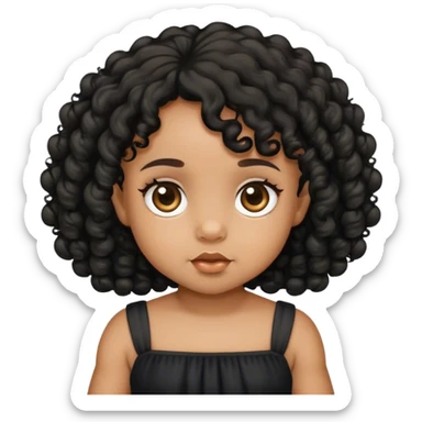 light brown skin baby girl with black curly hair, black dress sticker