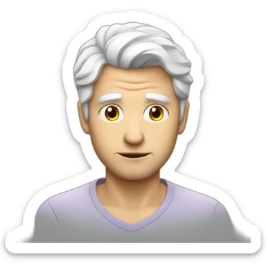 Insecure european guy with white hair wearing a shirt sticker