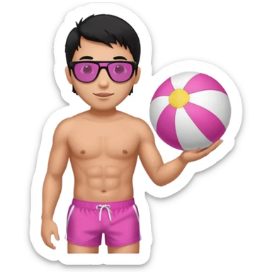 Hawaiian male with black hair with pink highlights and a swim short, with beach ball with sunglasses sticker