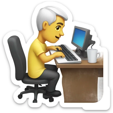 yellow skin man typing on keyboard wearing white button down shirt seating on desk front view sticker