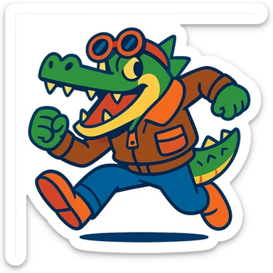 a crocodile with bomber jacket and goggles, action stance, vibrant colors, energetic, fun illustration sticker
