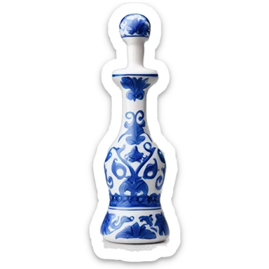 The Clase Azul Tequila bottle is tall and hourglass-shaped, with a wide base that tapers towards the neck. Its white ceramic body is decorated with cobalt blue floral designs, and it’s topped with a complete gray, bell-shaped stopper that curves inward  sticker