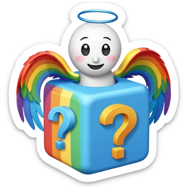  mainly blue and rainbow, the blue being the block itself. The rainbow parts are question marks, corner and smile. It has 2 white wings on each side like the other Lucky Blocks. sticker