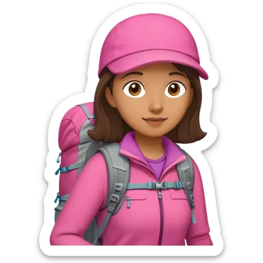 woman wearing pink clothes with hiking backpack sticker