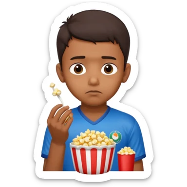 an indian boy wearing INDIAN cricket jersey and eating popcorn and looking sad sticker