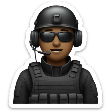 Military operator dressed in black with a helmet wearing a headset, ready to respond to alerts sticker