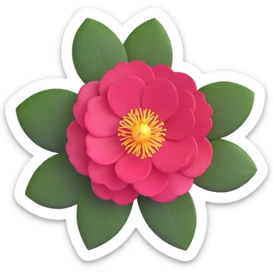 vibrant red Japanese camellia flower with golden center sticker