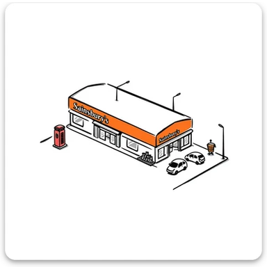Isometric British Sainsbury's supermarket building with orange signage, car park, shopping trolley bay, and red telephone box nearby sticker