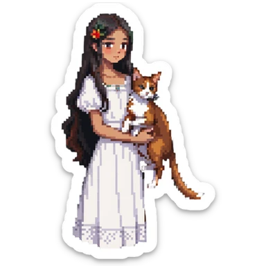 beautiful girl with long black hair wearing a white dress holding an Abyssinian cat with reddish-brown fur in her arms, side view sticker