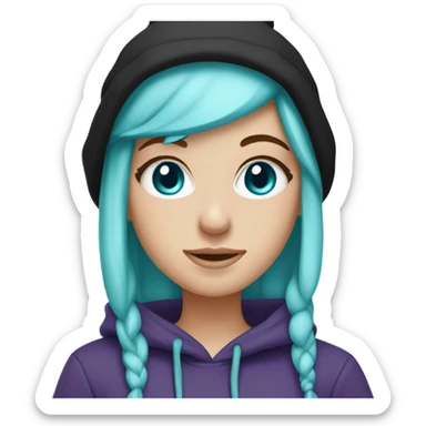 White girl, blue eyes, long teal hair, purple beanie hat, black hoodie sticker